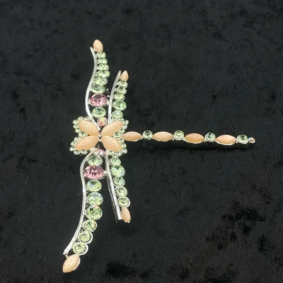 NWT GIVENCHY Dragonfly Pin Brooch Peach Moonstone Silver Tone Green Pink Crystal - Picture 6 of 9